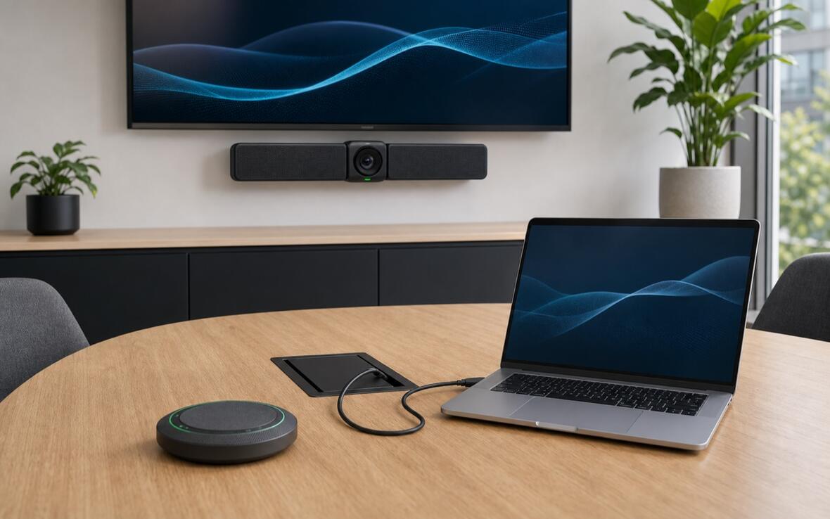 Laptop podłączony do kamery i audio w trybie BYOD