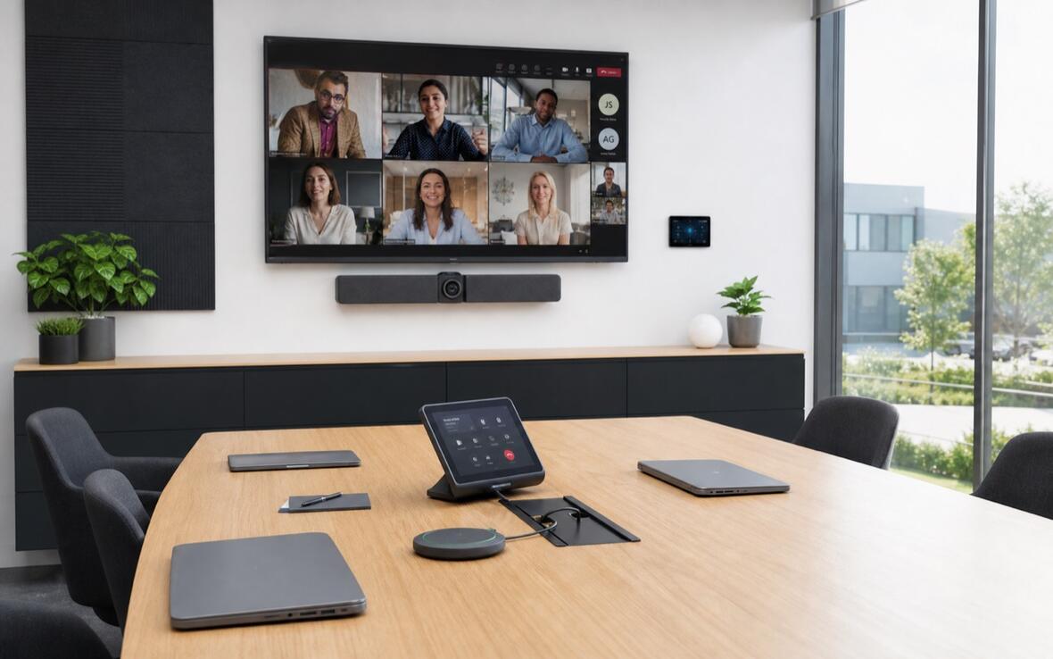Sala Zoom Rooms z kamerą i panelem sterującym